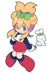 Rule 34 | 1girl, android, blonde hair, blush, boots, borrowed hairstyle, bow, cinnamiku hairstyle, cinnamoroll, creature, dress, ear bow, full body, green eyes, green ribbon, hair bow, hair ribbon, highres, long hair, looking at viewer, mega man (classic), mega man (series), miyata (lhr), open mouth, red dress, red footwear, ribbon, roll (mega man), sanrio, sidelocks, smile, tied ears, updo, white background