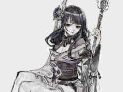 Rule 34 | 1girl, blunt bangs, breasts, cleavage, closed mouth, dd16056094, genshin impact, grey background, hair ornament, holding, holding polearm, holding weapon, japanese clothes, long hair, looking at viewer, medium breasts, mole, mole under eye, monochrome, neck ribbon, polearm, raiden shogun, ribbon, simple background, sitting, solo, weapon