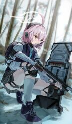 Rule 34 | 1girl, absurdres, aged down, ahoge, backpack, bag, ballistic shield, black gloves, blue archive, blue eyes, blue footwear, blue necktie, blurry, blurry background, collared shirt, fingerless gloves, full body, gloves, grey skirt, gun, halo, headset, heterochromia, highres, holding, holding gun, holding weapon, hoshino (blue archive), knee pads, long sleeves, nagul, necktie, official alternate hairstyle, outdoors, parted lips, pink hair, plaid, plaid skirt, pleated skirt, riot shield, shield, shirt, shotgun, skirt, smile, solo, teeth, tree, weapon, white shirt, yellow eyes