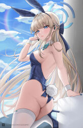 Rule 34 | 1girl, ass, back, blonde hair, blue archive, blue eyes, blue sky, breasts, cloud, cloudy sky, expulse, halo, looking at viewer, medium breasts, rabbit ears, simple background, sky, solo, standing, standing on one leg, toki (blue archive), toki (bunny) (blue archive), white background