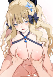 Rule 34 | 1boy, 1girl, bare shoulders, blonde hair, blue bow, blue eyes, blue flower, bow, bright pupils, censored, collarbone, deep skin, flower, grabbing, grabbing another&#039;s breast, hair bow, hand on another&#039;s chest, heart, hetero, highres, long hair, lower teeth only, mosaic censoring, navel, nonoyama, open mouth, penis, pov, pussy juice, saren (princess connect!), saren (summer) (princess connect!), sex, star (symbol), sweat, teeth, tongue, vaginal, white pupils
