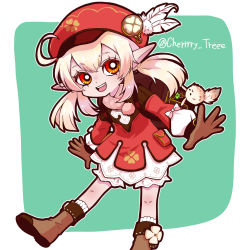 Rule 34 | 1girl, ahoge, backpack, bag, boots, cherrrry treee, dress, feathers, full body, genshin impact, hair between eyes, hat, hat feather, klee (genshin impact), knee boots, long hair, long sleeves, looking at viewer, low twintails, open mouth, red dress, red eyes, red hat, smile, solo, twintails, white feathers, white legwear