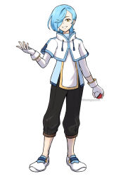 Rule 34 | 1boy, artist name, black pants, blue hair, blue trim, capelet, commentary, creatures (company), english commentary, fingerless gloves, fire emblem, fire emblem fates, flamingo (eme324), full body, game freak, gloves, hair over one eye, highres, holding, holding poke ball, looking at viewer, male focus, medium hair, nintendo, pants, poke ball, poke ball (basic), pokemon, shigure (fire emblem), simple background, smile, solo, standing, teeth, twitter username, white background, white capelet, white footwear, white gloves, yellow eyes