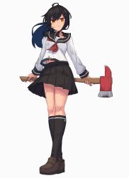 Rule 34 | 1girl, ahoge, axe, black hair, black socks, blood, blood stain, bra strap, commentary, dirty, dirty clothes, fire axe, full body, hair ornament, hairclip, highres, holding, holding axe, kneehighs, loafers, long hair, looking at viewer, orange eyes, original, school uniform, serafuku, shoes, socks, solo, torn clothes, white background, wozora