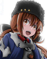 Rule 34 | 1girl, admiral paru, anchor, black bow, blouse, blue shawl, blush, bow, fur hat, hair between eyes, hair ornament, hairclip, hat, highres, jacket, kantai collection, long hair, looking at viewer, low twintails, open mouth, papakha, red shirt, scarf, shawl, shirt, simple background, solo, tashkent (kancolle), twintails, white background, white jacket, white scarf