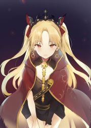 Rule 34 | 1girl, black dress, blonde hair, blush, bow, cape, commentary, cowboy shot, crown, dress, earrings, ereshkigal (fate), fate/grand order, fate (series), hair bow, infinity symbol, jewelry, leaning forward, long hair, looking at viewer, lpip, multicolored cape, multicolored clothes, necklace, open mouth, parted bangs, red bow, red cape, red eyes, short dress, single sleeve, solo, spine, tohsaka rin, twintails, two side up, yellow cape