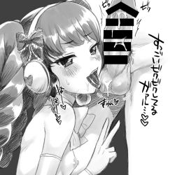 Rule 34 | 1boy, 1girl, ^^^, bar censor, bare shoulders, blush, bow, breasts, censored, commentary request, detached sleeves, drill hair, erection, eyebrows visible through hair, fangs, from side, garuru (pripara), grey background, greyscale, hair bow, half-closed eyes, headphones, heart, heart print, heavy breathing, hetero, licking, long hair, looking at viewer, looking to the side, lower body, male pubic hair, monochrome, motion lines, naked bowtie, nekodenryoku, nipples, no bra, oral, out of frame, penis, pointless censoring, pretty (series), pripara, pubic hair, saliva, simple background, small breasts, smile, solo focus, spoken heart, steam, sweat, testicle licking, testicles, tongue, tongue out, topless, translation request, trembling, twin drills, twintails, twitching penis, upper body, v