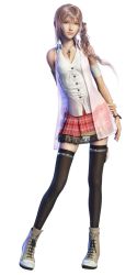 Rule 34 | 10s, 1girl, 3d, artist request, black thighhighs, blue eyes, bracelet, final fantasy, final fantasy xiii, highres, jewelry, keisyuomi, lace, lace-trimmed skirt, lace trim, legs, long hair, necklace, official art, pink hair, plaid, plaid skirt, ponytail, see-through, serah farron, shirt, side ponytail, simple background, skirt, sleeveless, sleeveless shirt, smile, solo, thighhighs, white background, zettai ryouiki