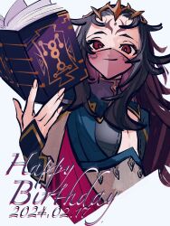 Rule 34 | 1girl, black hair, bodystocking, book, breasts, cape, dated, facial mark, fire emblem, fire emblem fates, forehead mark, happy birthday, highres, holding, holding book, looking at viewer, messy hair, mouth veil, nam3737373, nintendo, nyx (fire emblem), red eyes, small breasts, solo, tiara, veil