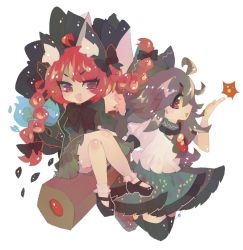 Rule 34 | 2girls, ahoge, animal ear fluff, animal ears, arm cannon, black bow, black bowtie, black footwear, black thighhighs, blush, bobby socks, bow, bowtie, braid, brown hair, cat ears, cat tail, collared shirt, crossed legs, doryata, dress, fang, flame-tipped tail, frilled shirt collar, frilled skirt, frills, green bow, green dress, green skirt, hair bow, highres, juliet sleeves, kaenbyou rin, long hair, long sleeves, looking at viewer, mary janes, multiple girls, multiple tails, puffy short sleeves, puffy sleeves, red eyes, red hair, reiuji utsuho, shirt, shoes, short sleeves, simple background, sitting, skin fang, skirt, socks, tail, thighhighs, third eye, touhou, twin braids, two tails, weapon, white background, white shirt, white socks