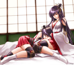 Rule 34 | 10s, 2girls, akatsuki akane, black hair, breasts, detached sleeves, female focus, fusou (kancolle), hair ornament, hand on another&#039;s head, incest, japanese clothes, kantai collection, lap pillow, large breasts, long hair, lying, multiple girls, personification, red eyes, siblings, sisters, sleeping, yamashiro (kancolle), yuri