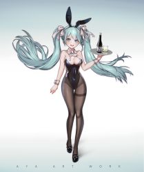 Rule 34 | 1girl, absurdres, animal ears, aqua eyes, aqua hair, artist name, aya art, breasts, brown pantyhose, fake animal ears, gradient background, grey background, hatsune miku, highres, leotard, long hair, looking at viewer, multicolored background, pantyhose, playboy bunny, rabbit ears, rabbit girl, solo, twintails, vocaloid, white background