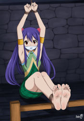 Rule 34 | 1girl, absurdres, armpits, barefoot, bdsm, blue hair, bondage, bound, bound ankles, bound wrists, breasts, brown eyes, cloth gag, fairy tail, feet, gag, gagged, highres, improvised gag, legs, over the mouth gag, shadow xcp, soles, toes, wendy marvell
