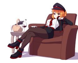 Rule 34 | 1girl, alcohol, ankle boots, arm support, armchair, bad id, bad pixiv id, basket, belt, black footwear, black hat, black jacket, black pantyhose, black skirt, boots, bottle, breasts, brown eyes, chair, closed mouth, cross-laced footwear, crossed legs, cup, drinking glass, full body, gloves, hand on own thigh, hat, highres, jacket, leaning back, long sleeves, looking away, medium breasts, miniskirt, narynn, narynn (character), necktie, open clothes, open jacket, orange hair, original, pantyhose, peaked cap, ponytail, red necktie, shadow, short hair, simple background, sitting, skirt, smug, solo, table, white background, white gloves, wine, wine bottle, wine glass