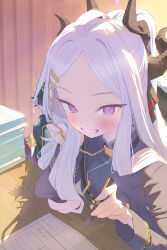 Rule 34 | 1girl, absurdres, ahoge, applepie (12711019), blue archive, blush, demon horns, forehead, grey hair, grin, hand on own cheek, hand on own face, highres, hina (blue archive), holding, holding pen, horns, indoors, long sleeves, looking at viewer, military uniform, paper stack, parted bangs, pen, pink eyes, smile, solo, uniform