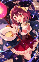 Rule 34 | 1girl, :d, arm up, atelier (series), atelier resleriana, atelier sophie, atelier sophie 2, blue coat, book, breasts, brown eyes, brown footwear, cleavage, coat, detached collar, dress, fang, full body, grimoire, hair ornament, head scarf, highres, holding, holding staff, holding weapon, long sleeves, looking at viewer, magic, noco (adamas), open mouth, shoes, short dress, short hair, small breasts, smile, solo, sophie neuenmuller, sparkle, staff, standing, weapon, wide sleeves