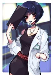 Rule 34 | 1girl, belt, black collar, black dress, black hair, blunt bangs, bob cut, breasts, brown eyes, candy, clipboard, coat, collar, collarbone, commentary, doctor, dress, emi star, english commentary, food, hand in pocket, highres, holding, holding clipboard, jewelry, lab coat, lollipop, looking at viewer, medium breasts, mouth hold, necklace, off shoulder, persona, persona 5, pocket, red belt, short hair, solo, studded choker, takemi tae, white coat
