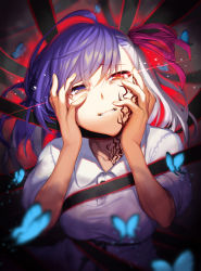 Rule 34 | 1girl, blurry, blurry foreground, body markings, breasts, bug, butterfly, clenched teeth, corruption, crying, dark persona, dark sakura, dress, dual persona, fate/stay night, fate (series), glowing, glowing eye, hair between eyes, hair ribbon, hands on own face, head tilt, heaven&#039;s feel, highres, insect, kyo, large breasts, long hair, looking at viewer, matou sakura, multicolored hair, purple eyes, purple hair, red eyes, ribbon, short sleeves, sidelocks, solo, split theme, tearing up, teeth, two-tone hair, white dress, white hair