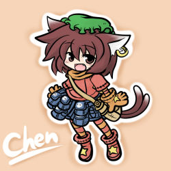 Rule 34 | 1girl, animal ears, bag, brown hair, cat ears, cat girl, cat tail, chen, chibi, earrings, fang, female focus, gloves, hat, jewelry, md5 mismatch, multiple tails, pouch, resolution mismatch, solo, source smaller, tail, touhou, yanagi (nurikoboshi)