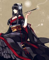 Rule 34 | 1girl, black collar, black hair, black kimono, blunt bangs, breasts, cleavage, collar, commentary, feet out of frame, final fantasy, final fantasy xiv, floral background, floral print, flower, from side, grey eyes, hair flower, hair ornament, hair stick, hand up, holding, holding smoking pipe, hyur, inrou, japanese clothes, kimono, kiseru, kuromitsu (96mitsu ff14), lace collar, long hair, looking at viewer, medium breasts, obi, obiage, obijime, off shoulder, red lips, sash, simple background, sitting, smoke, smoking pipe, solo, straight hair, tassel, two-sided fabric, wide sleeves, yellow background, yokozuwari, yotsuyu goe brutus