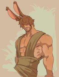 Rule 34 | 1boy, abs, animal ears, bara, bare arms, beard, character request, chest hair, cropped legs, facial hair, facing viewer, final fantasy, final fantasy xiv, hair over eyes, highres, large pectorals, looking at viewer, male focus, mature male, muscular, muscular male, mustache, pectoral cleavage, pectorals, rabbit boy, rabbit ears, short hair, sidepec, solo, warrior of light (ff14), wkokbu