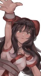 Rule 34 | 1girl, ainu clothes, arm up, armpits, artist name, black hair, breasts, brown eyes, fingerless gloves, gloves, hair ribbon, hand on own chest, highres, looking at viewer, nakoruru, parted lips, ribbon, samurai spirits, small breasts, smile, snk, solo, the king of fighters
