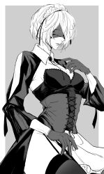 Rule 34 | 1girl, 2b (nier:automata), absurdres, apron, blindfold, breasts, cleavage, closed mouth, commentary request, corset, garter straps, gloves, grey background, greyscale, hair ornament, hand up, highres, lips, long sleeves, maid, maid headdress, medium breasts, mole, mole under mouth, monochrome, nier:automata, nier (series), nishiii26miii, short hair, solo, thighhighs, waist apron, wide sleeves