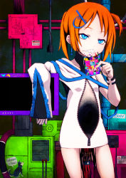 Rule 34 | 1girl, absurdres, blue eyes, cable, computer, d g s, dog, earrings, eating, female focus, flat chest, graffiti, highres, holding, jewelry, leaning, monitor, orange hair, screen, sharp teeth, skirt, smoking pipe, solo, standing, teeth, zip, zipper