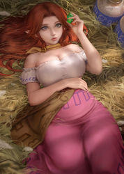 Rule 34 | 1girl, artist name, bare shoulders, blue eyes, breasts, cleavage, closed mouth, commentary, english commentary, gem, green gemstone, hand on stomach, hand up, hay, highres, holding, kittew, large breasts, lips, long hair, lying, malon, mole, mole on arm, mole on breast, nintendo, nose, on back, paid reward available, pointy ears, pot, pregnant, purple skirt, red hair, rupee (zelda), shirt, short sleeves, skirt, solo, the legend of zelda, the legend of zelda: ocarina of time, white shirt