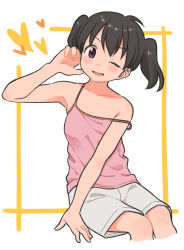 Rule 34 | 1girl, ahoge, bare shoulders, black hair, blush stickers, camisole, collarbone, commentary, cropped legs, grey shorts, hand up, heart, highres, invisible chair, kuraue hinata, looking at viewer, meis (terameisu), one eye closed, open mouth, pink camisole, purple eyes, short hair, shorts, sitting, sketch, smile, solo, spaghetti strap, strap slip, twintails, white background, yama no susume