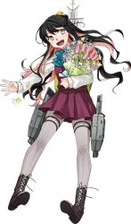 Rule 34 | 10s, 1girl, black hair, blouse, blush, boots, cross-laced footwear, dress, fang, flower, fujikawa, full body, hair ribbon, holding, holding flower, kantai collection, knee boots, lace-up boots, long hair, long sleeves, looking to the side, machinery, multicolored hair, naganami (kancolle), official art, open hand, open mouth, pantyhose, petals, pink hair, purple pantyhose, ribbon, school uniform, shirt, skirt, sleeveless, sleeveless dress, smile, solo, teeth, torpedo, transparent background, wavy hair, white shirt, yellow eyes
