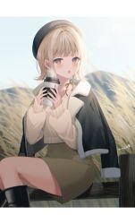 Rule 34 | 1girl, :o, artist name, bead necklace, beads, bench, black footwear, black headwear, black jacket, blush, boots, brown eyes, brown hair, brown skirt, brown sweater, coffee cup, commentary, cup, danganronpa (series), danganronpa 2: goodbye despair, disposable cup, flipped hair, hair intakes, hands up, highres, holding, jacket, jewelry, knee boots, medium hair, myusha, nanami chiaki, neck ribbon, necklace, open clothes, open jacket, outdoors, pencil skirt, red ribbon, ribbon, sitting, skirt, solo, sweater, symbol-only commentary, wheat