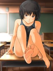 Rule 34 | 1girl, amagami, bare arms, bare legs, bare shoulders, barefoot, black hair, black one-piece swimsuit, blue one-piece swimsuit, blush, bob cut, breasts, brown eyes, chair, chalkboard, classroom, cleavage, closed mouth, competition swimsuit, desk, feet, foot focus, highres, indoors, looking at viewer, nanasaki ai, on desk, one-piece swimsuit, school chair, school desk, short hair, sitting, on desk, small breasts, solo, swimsuit, takenoko saba otto, thighs, two-tone swimsuit, v-shaped eyebrows