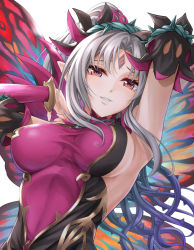 Rule 34 | 1girl, armpits, arms up, breasts, butterfly wings, covered navel, elf, facial mark, fairy wings, fire emblem, fire emblem heroes, forehead mark, grin, insect wings, large breasts, long hair, looking at viewer, nintendo, plant, plumeria (fire emblem), pointy ears, ponytail, red eyes, sideboob, silver hair, smile, solo, ten (tenchan man), thorns, turtleneck, upper body, vines, white background, wings
