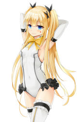 Rule 34 | 1girl, absurdres, armpits, arms behind head, arms up, bad id, bad pixiv id, black ribbon, blonde hair, blunt bangs, blush, bow, bowtie, breasts, closed mouth, commentary request, covered navel, cowboy shot, dead or alive, detached sleeves, facial mark, frilled leotard, frilled thighhighs, frills, hair ornament, hair ribbon, heart, highres, leotard, long hair, looking at viewer, marie rose, pink lips, qianqiu wanxia, ribbon, sideboob, sidelocks, simple background, small breasts, smile, solo, thighhighs, twintails, very long hair, white background, white leotard, white thighhighs, x hair ornament, yellow bow, yellow bowtie