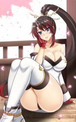 Rule 34 | 1girl, arm support, black hair, black panties, blue eyes, blush, breasts, cherry blossoms, cleavage, dress, fingerless gloves, gloves, hand on own face, highres, huge breasts, long hair, looking at viewer, nanbu kaguya, open mouth, panties, seductive smile, sitting, smile, solo, super robot wars, super robot wars og saga mugen no frontier, the-sinnerz, thick thighs, thighhighs, thighs, underwear