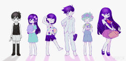Rule 34 | 2girls, 4boys, absurdres, aubrey (headspace) (omori), aubrey (omori), barefoot, basil (headspace) (omori), basil (omori), black footwear, black hair, black thighhighs, blush, bow, bright pupils, camera, closed eyes, closed mouth, collared shirt, colored skin, expressionless, frying pan, hair bow, hero (headspace) (omori), hero (omori), highres, holding, holding camera, holding frying pan, holding knife, holding stuffed toy, kel (headspace) (omori), kel (omori), knife, long hair, looking at viewer, mari (headspace) (omori), mari (omori), multiple boys, multiple girls, neckerchief, omori, omori (omori), one eye closed, overall shorts, overalls, parted lips, pink bow, pleated skirt, purple eyes, purple hair, purple shorts, red neckerchief, red skirt, shirt, short sleeves, shorts, simple background, skirt, smile, stuffed eggplant, stuffed toy, teeth, tendoshi, thighhighs, white background, white pupils, white shirt, white skin, yellow shirt