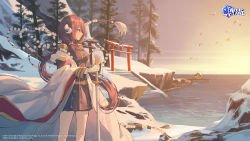 Rule 34 | 1girl, absurdres, azur lane, beads, bird, black skirt, breasts, brown hair, buttons, cloak, closed mouth, commentary, cowboy shot, day, double-breasted, english commentary, epaulettes, floating hair, from side, hand on hilt, highres, horns, katana, logo, long hair, medium breasts, mikasa (azur lane), military, military uniform, ocean, official art, orange eyes, outdoors, ponytail, profile, second-party source, skirt, snow, solo, stairs, sunlight, sword, torii, tree, uniform, watermark, weapon, white cloak, zain (jiha3905)