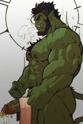 Rule 34 | 1boy, abs, ass, bara, beard, body fur, chest tuft, clenched hands, colored skin, completely nude, facial hair, fingernails, frown, full beard, girthy penis, green skin, hair tattoo, heavy breathing, highres, large pectorals, lion boy, lion tail, looking ahead, male focus, matcha ryu, mature male, muscular, muscular male, navel, nipples, nose piercing, nose ring, nude, orc, original, pectorals, penis, piercing, pointy ears, profile, sharp fingernails, short hair, solo, strongman waist, sweat, tail, thick beard, thick eyebrows, thick thighs, thighs, towel on penis, tusks, uncensored, veiny pectorals, very sweaty