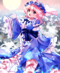 Rule 34 | 1girl, :d, blue hat, blue kimono, blurry, blurry background, commentary request, frilled kimono, frills, hat, japanese clothes, kimono, long sleeves, mob cap, nagare, open mouth, pink eyes, pink hair, ribbon-trimmed sleeves, ribbon trim, saigyouji yuyuko, sash, short hair, smile, solo, touhou, triangular headpiece, wide sleeves