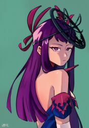 Rule 34 | 1girl, bare shoulders, blue dress, bunne (bunneart), commentary, dress, fire emblem, fire emblem engage, green background, highres, ivy (fire emblem), long hair, looking at viewer, nintendo, off-shoulder dress, off shoulder, purple eyes, purple hair, short sleeves, sidelocks, simple background, solo, upper body, very long hair