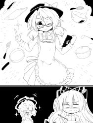 Rule 34 | +++, 2girls, = =, apron, bad food, bow, bowl, chopsticks, clothes writing, commentary request, cutting board, eating, frying pan, fujiwara no mokou, futa (nabezoko), glasses, greyscale, hair ornament, hair ribbon, hat, hat bow, hat ribbon, highres, knife, ladle, monochrome, multiple girls, one eye closed, own hands together, pot, ribbon, short sleeves, simple background, skirt, sparkle, spatula, suspenders, sweat, tablet pc, touhou, twintails, usami sumireko, whisk