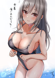 Rule 34 | 1girl, absurdres, alternate hairstyle, bare shoulders, black one-piece swimsuit, blush, breasts, cleavage, commentary request, competition school swimsuit, frontal wedgie, grey hair, hair down, highres, idolmaster, idolmaster cinderella girls, kanzaki ranko, large breasts, long hair, looking at viewer, mabanna, navel, one-piece swimsuit, pink eyes, school swimsuit, simple background, solo, sweatdrop, swimsuit, swimsuit tug, thighs, translation request, water, wedgie, white background