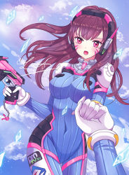 Rule 34 | 1girl, animal print, artist name, blue sky, bodysuit, bracer, breasts, brown eyes, brown hair, clothes writing, cloud, covered navel, cowboy shot, d.va (overwatch), day, facepaint, facial mark, fang, finger on trigger, gloves, gun, handgun, headphones, high collar, holding hands, leafyanna, long hair, looking at viewer, medium breasts, outdoors, overwatch, overwatch 1, pilot suit, pistol, pov, rabbit print, ribbed bodysuit, shoulder pads, signature, skin tight, sky, smile, solo focus, swept bangs, thigh gap, weapon, whisker markings, white gloves