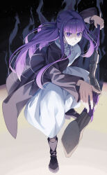 Rule 34 | 1girl, absurdres, black coat, black footwear, black robe, breasts, closed mouth, coat, dress, fern (sousou no frieren), full body, highres, holding, holding staff, large breasts, long hair, long sleeves, looking at viewer, mage staff, mukunokino isshiki, purple eyes, purple pupils, robe, solo, sousou no frieren, staff, straight hair, white dress