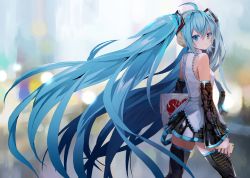 Rule 34 | 1girl, bag, bare shoulders, beats by dr. dre, black skirt, black thighhighs, blue eyes, blue hair, blurry, blurry background, cellphone, closed mouth, commentary, depth of field, detached sleeves, english commentary, grey shirt, hatsune miku, headphones, holding, holding bag, holding phone, long hair, long sleeves, looking at viewer, looking to the side, miniskirt, phone, pleated skirt, shirt, skirt, smartphone, solo, takepon1123, thighhighs, twintails, very long hair, vocaloid, zettai ryouiki