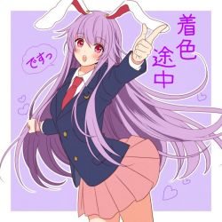Rule 34 | :o, animal ears, black jacket, blazer, border, breasts, collared shirt, commentary request, cowboy shot, finger gun, jacket, light purple hair, long hair, long sleeves, looking at viewer, medium breasts, miniskirt, multicolored hair, necktie, okawa friend, pleated skirt, purple background, purple hair, rabbit ears, red eyes, red necktie, reisen udongein inaba, shirt, simple background, skirt, touhou, translation request, two-tone hair, very long hair, white border, white shirt