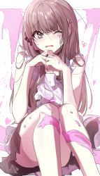 Rule 34 | 1girl, apron, black skirt, blunt bangs, bowl, brown hair, feet out of frame, food, food on face, highres, long hair, one eye closed, open mouth, original, pleated skirt, purple eyes, simple background, skirt, sleeveless, solo, tears, thighs, wata (attaka towel), white background