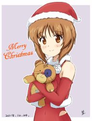 Rule 34 | 1girl, artist name, bandaged leg, bandages, boko (girls und panzer), brown eyes, brown hair, christmas, closed mouth, commentary, covered navel, dated, dress, elbow gloves, english text, girls und panzer, gloves, grey background, halterneck, hat, holding, holding stuffed toy, looking at viewer, ma-2 (konkon kitakitsune), nishizumi miho, outline, outside border, red dress, red gloves, santa costume, santa hat, short hair, signature, simple background, sleeveless, sleeveless dress, smile, solo, stuffed animal, stuffed toy, teddy bear, upper body, white outline