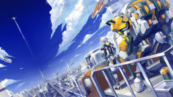 Rule 34 | 1boy, armor, city, cloud, from behind, hands on own hips, highres, mecha, mytea (soso), original, robot, science fiction, sky, solo, white hair